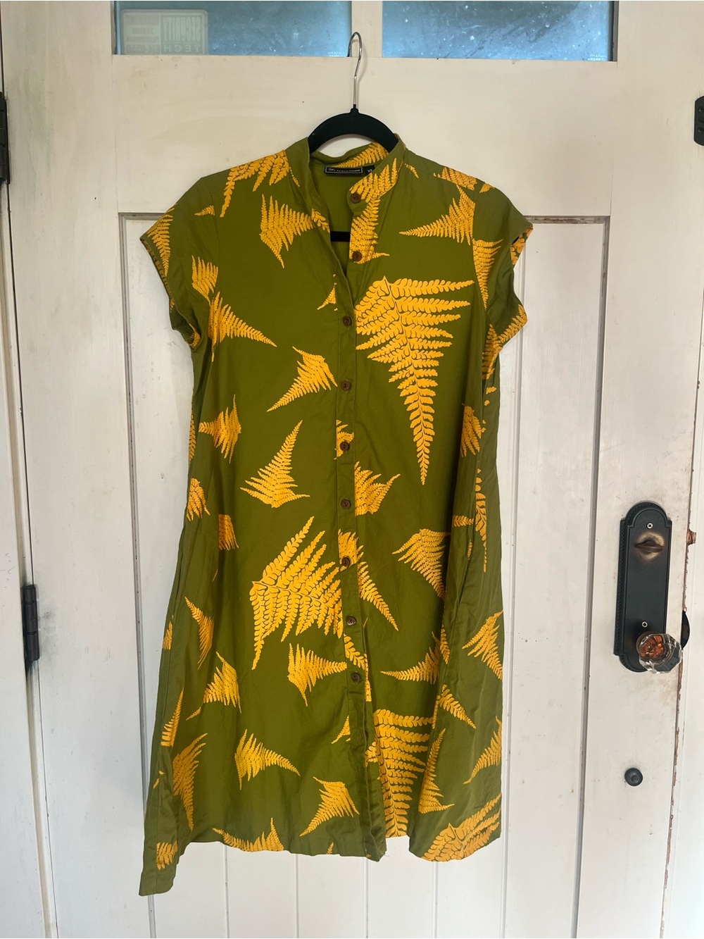 Custom Sig Zane HI Olive Green & Yellow Fern-Print Button Dress